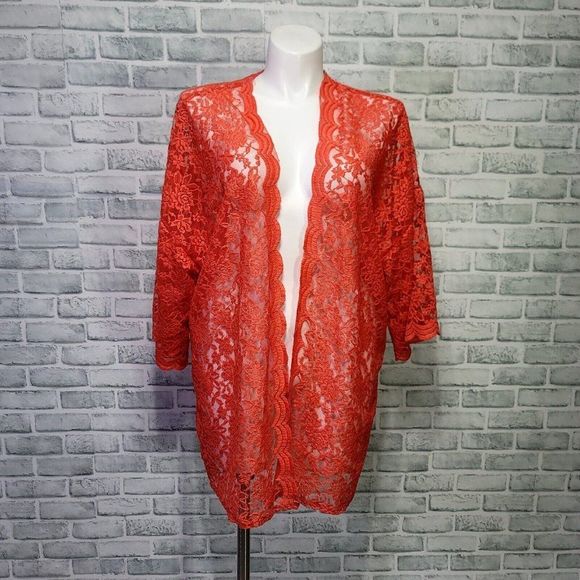 Haptics by Holly Harper Plus Size 1X Neon Coral Lace Cover Up Cardigan Popover - Picture 1 of 8